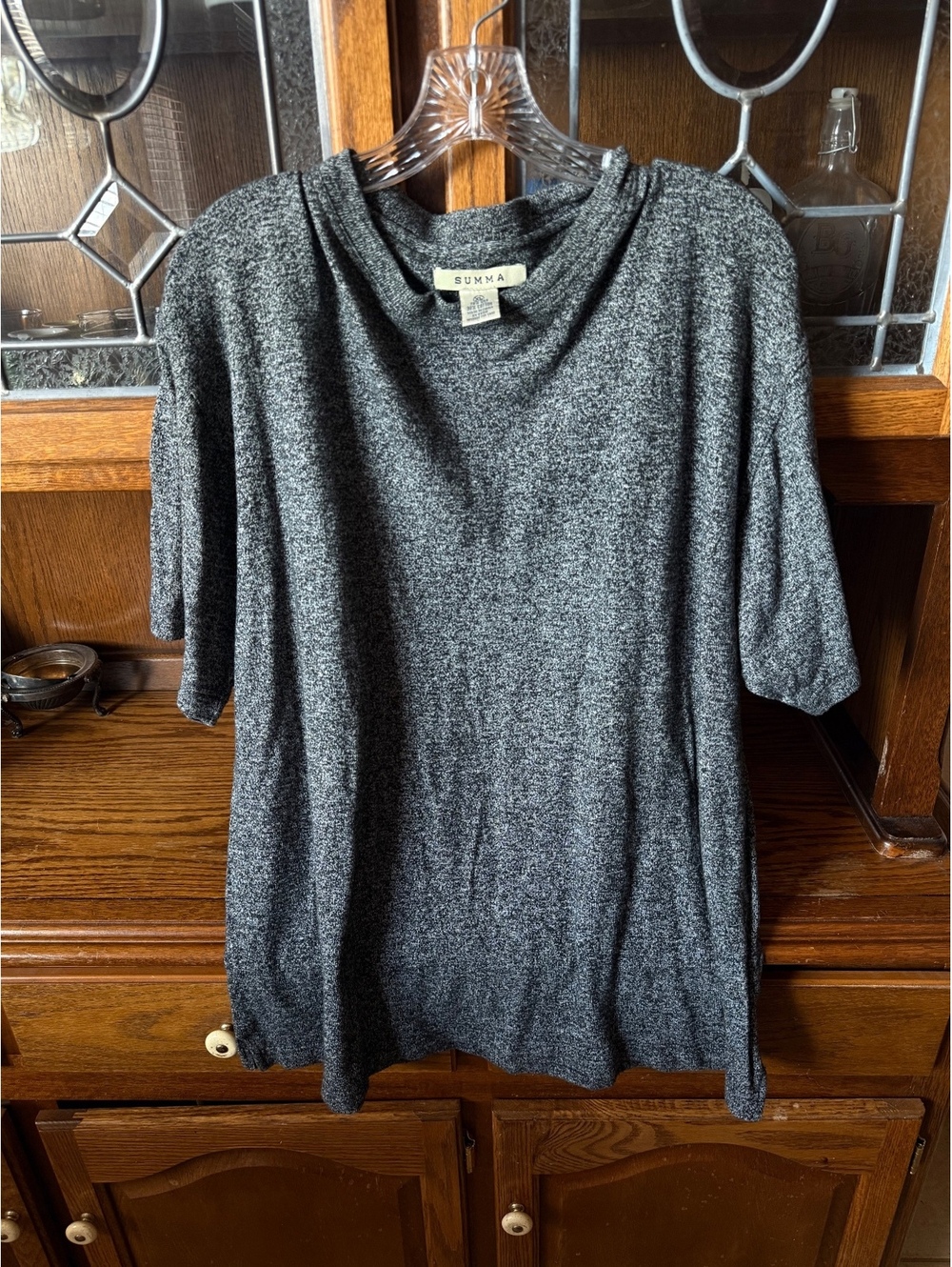 Summa Heathered Grey Silk Cotton Top Size XL | Cowl Neck 3/4 Sleeve